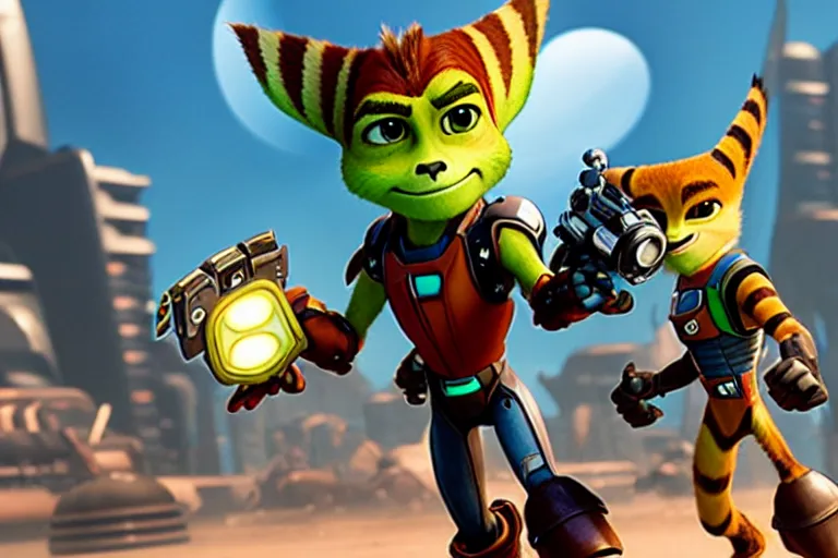 Prompt: live action film still of ratchet and clank in the new sci - fi movie