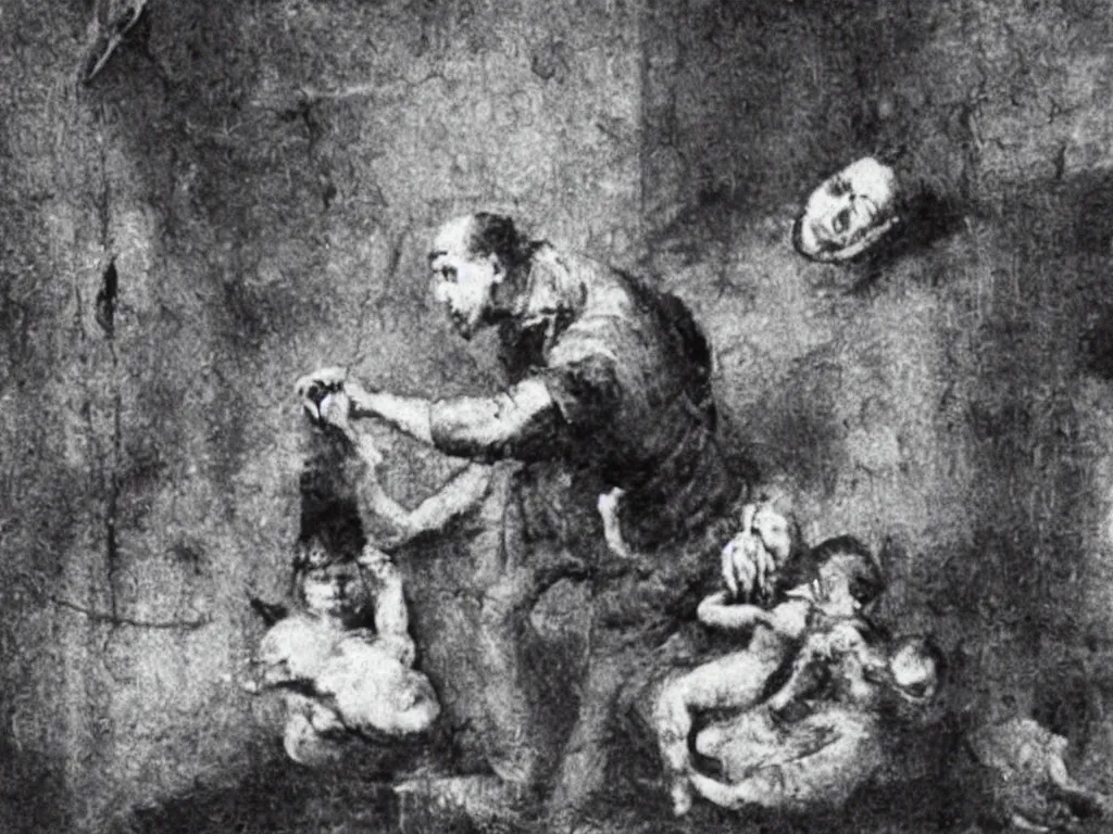 Prompt: a padded cell. filth all over the walls. a man feeding squids to a baby.