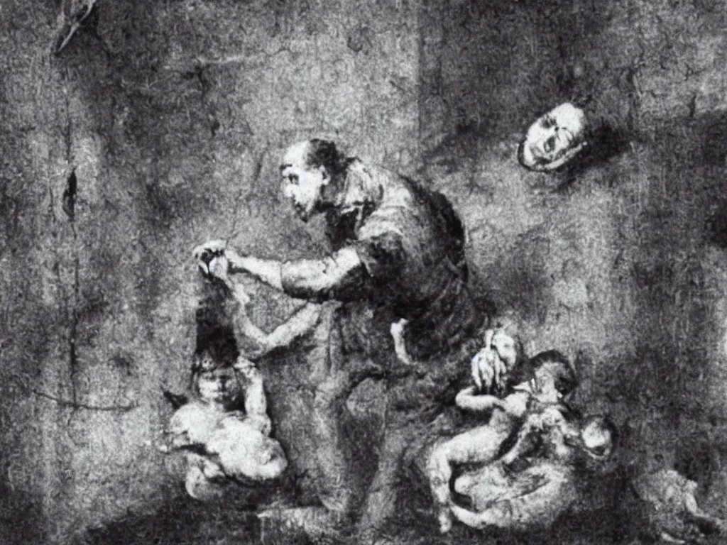 Image similar to a padded cell. filth all over the walls. a man feeding squids to a baby.