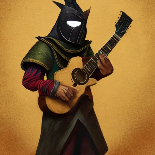 Image similar to a person with a mask playing a guitar, young handsome pale roma, grim dark jester from gwent cards, an ultrafine detailed painting by aleksander orłowski, artstation contest winner, sots art, concept art, da vinci, sketchfab