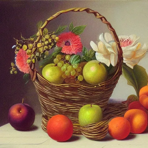 Prompt: a beautiful detailed painting of a still life of fruit and flowers in a basket