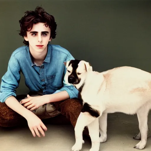 Image similar to timothy chalamet and a puppy, leica s, 5 0 mm lens, kodachrome, 1 9 6 9, shot by platon - h 8 0 4