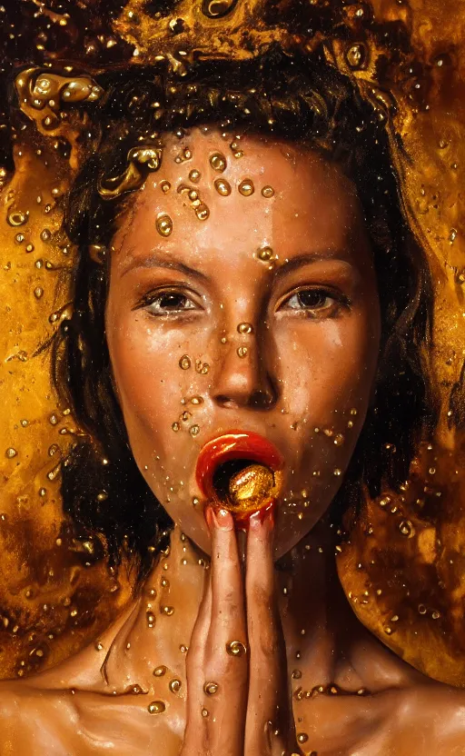 Prompt: portrait of an ancient girl, honey dripping on top of her, oil coming out of her mouth, gipper realistic, high tech!