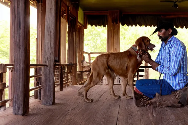 Image similar to Indian cowboy on the country western porch with his golden retriever cinematography by Steven Spielberg