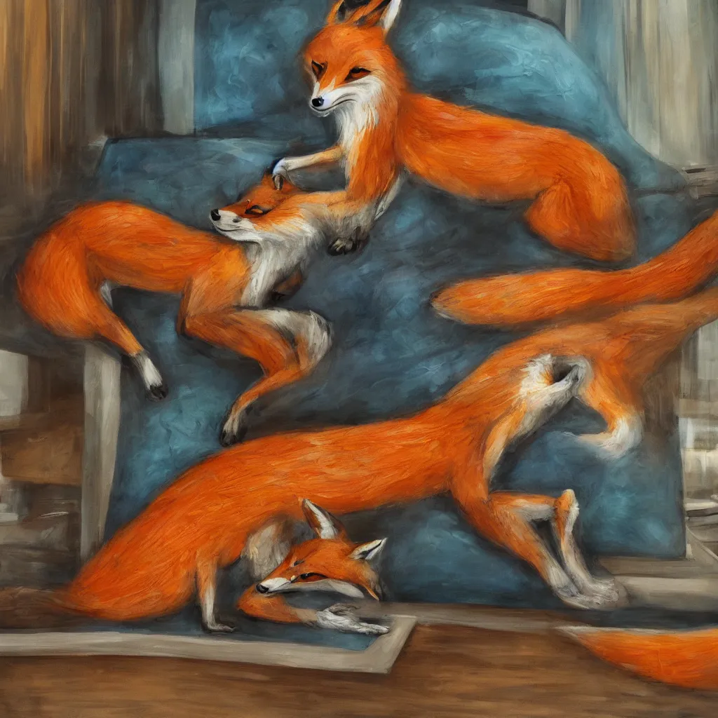 Image similar to anthropomorphic fox lounging in a futuristic hotel, anthro, furry, painting