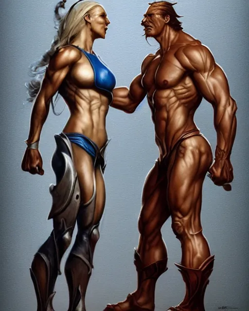 Image similar to female athletic body type and male warrior strong body type holding each other close by Boris Vallejo, moody, character design concept art, diablo, warcraft, hard surface, Character design, dramatic, highly detailed, photorealistic, digital painting, painterly, artstation, concept art, smooth, sharp focus, art by John Collier and Krenz Cushart and Artem Demura and Albert Aublet