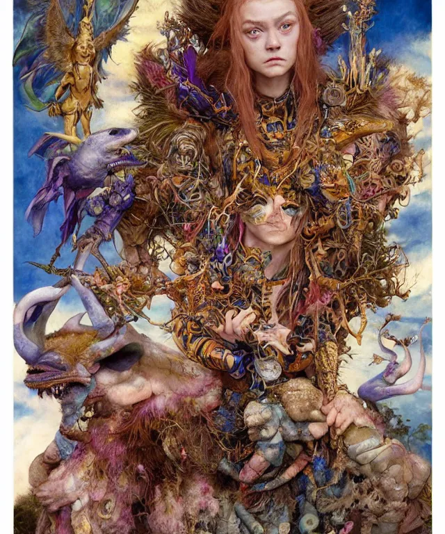 Image similar to a portrait photograph of a meditating fierce sadie sink as a colorful harpy antilope super villian with slimy amphibian scaled blue skin. her body is partially transformed into a beast. by donato giancola, hans holbein, walton ford, gaston bussiere, peter mohrbacher and brian froud. 8 k, cgsociety, fashion editorial