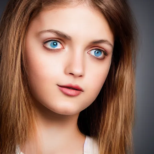 Prompt: photographic Close-up face of a extremely beautiful girl with clear eyes and light brown hair , high light on the left, non-illuminated backdrop, illuminated by a dramatic light, Low key lighting, High contrast, dramatic , norman rockwell, craig mulins ,dark background, high quality,photo-realistic,85mm, F1.4,bokeh effect, 8K,-H 704