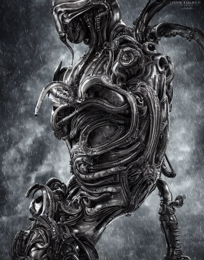 Image similar to engineer prometheus, xenomorph alien, highly detailed, symmetrical long head, smooth marble surfaces, detailed ink illustration, raiden metal gear, cinematic smooth stone, deep aesthetic, concept art, post process, 4k, carved marble texture and silk cloth, latex skin, highly ornate intricate details, prometheus, evil, moody lighting, hr geiger, hayao miyazaki, indsutrial Steampunk