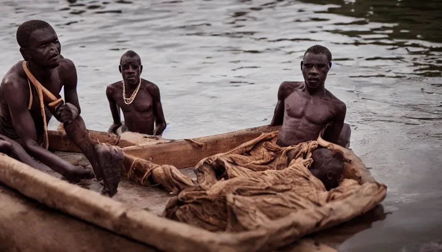 Prompt: movie still by djibril diop mambety of a man in a barque made of flesh on a blood river, leica sl 2, heavy grain, high quality, high detail, color