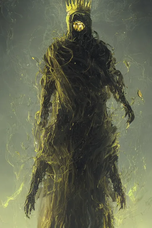 Image similar to A full body portrait of a mysterious character with no face with a very long hooded yellow cloak, a golden crown floating above his head tentacles coming out the ground art by Maciej Kuciara and Jason Chan, ominous, cosmic horror, trending on artstation, Ultra detailed, hyper realistic 4k