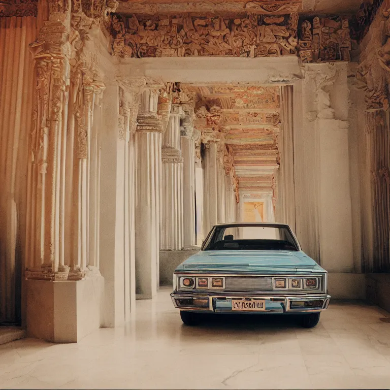 Prompt: 1 9 7 0 s car inside a marble temple, film photo, soft lighting album cover, nostalgia, gradient, light reflection