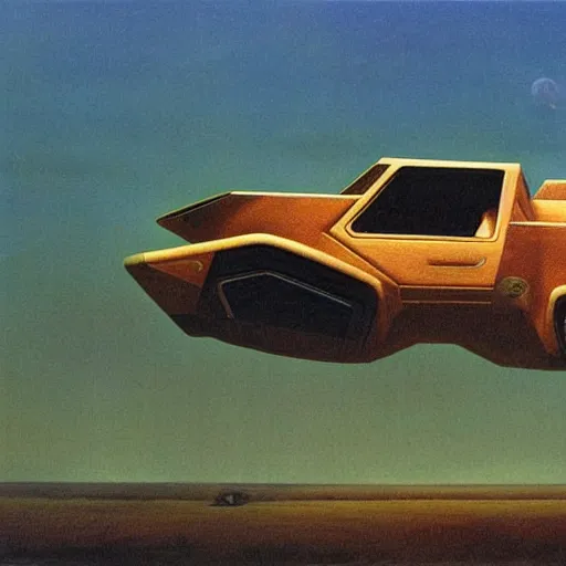 Prompt: retrofuturistic flying car, 1 9 7 0 s scifi art, beksinski style highly detailed painting