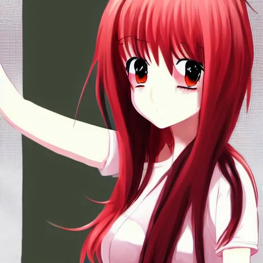 Image similar to A cute anime girl with red hair in the style of Sam Does Art.