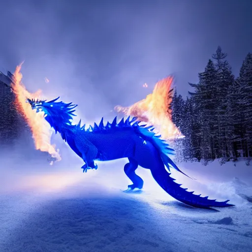 Prompt: a cobalt colored dragon breathing fire during winter, dynamic lighting, volumetric, wide angle, anamorphic lens, go pro, 4k