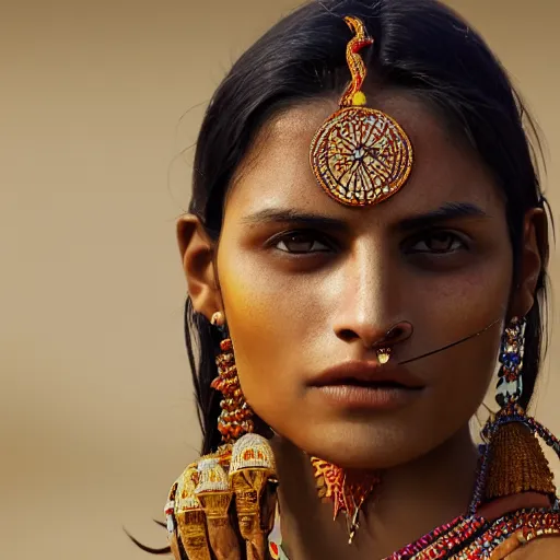 Prompt: portrait of a stunningly beautiful south asian tribal female, depth of field, zeiss lens, detailed, symmetrical, centered, fashion photoshoot, by Annie Leibovitz and Steve McCurry, David Lazar, Jimmy Nelsson, Breathtaking, 8k resolution, extremely detailed, beautiful, establishing shot, artistic, hyperrealistic, beautiful face, octane render