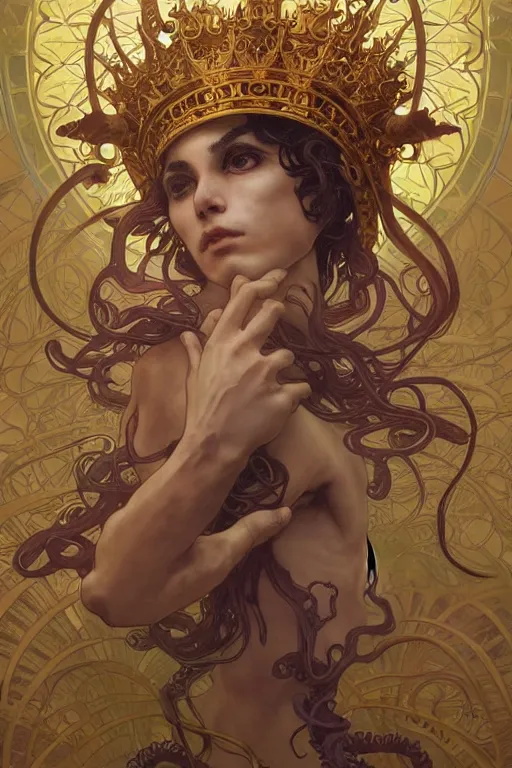 Prompt: Prince , a golden crown floating above his head, tentacles coming out the ground art by Artgerm and Greg Rutkowski and Alphonse Mucha and Craig Mullins and James Jean and Andrei Riabovitchev and Marc Simonetti and peter mohrbacher, sharp focus, ominous, cosmic horror, trending on artstation, Ultra detailed, hyper realistic 4k