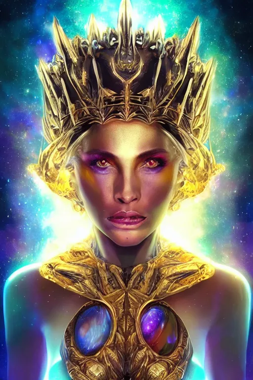 Image similar to Beautiful Alien queen, galaxy crown, artgerm, portrait, realistic photo by Yaşar VURDEM , ArtStation, disney colors, artstation, character concept art. symmetrical, epic composition, golden ratio, rule of thirds highly detailed, intricate, ,award winning artwork, trending on artstation, high quality printing, fine art with subtle redshift rendering