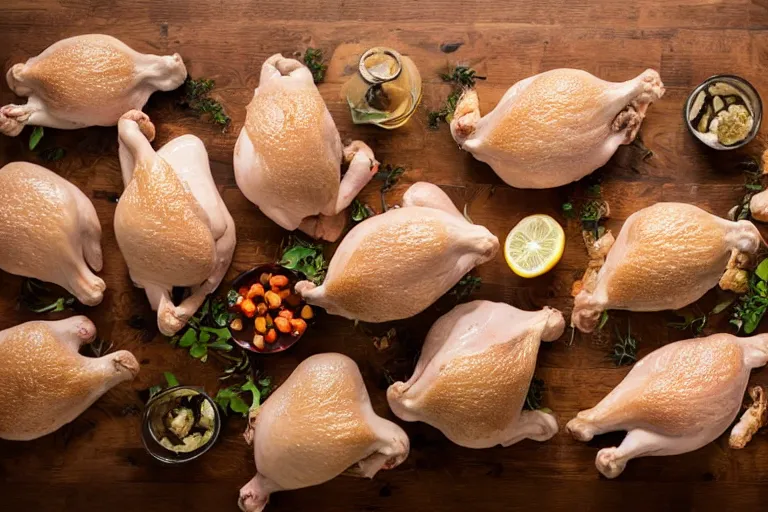 Prompt: a dinner table full of cooked chicken