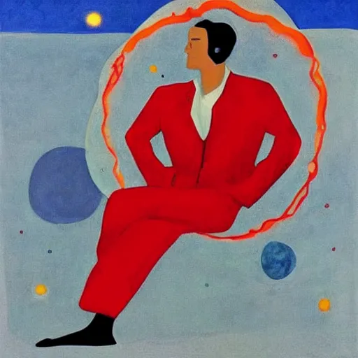 Image similar to A beautiful land art of a man in a red suit with a blue background. The man's eyes are closed and he has a serene, content look on his face. His arms are crossed in front of him and he appears to be floating in space. The blue background is swirling with geometric shapes and patterns. dark black by Andrew Wyeth, by William Wegman comforting