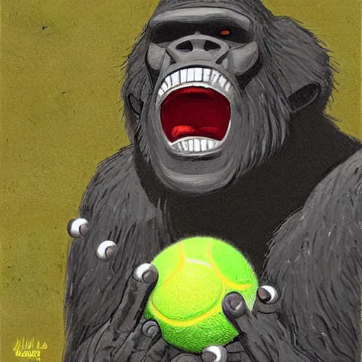 Image similar to a tennis ball monster ,tennis ball, king kong, chalk digital art, fantasy, magic, trending on artstation, ultra detailed, professional illustration by Basil Gogos