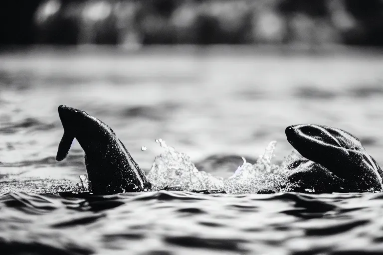 Image similar to a real life water pokemon swimming in a lake, sight proof, black and white, blurry, old camera, grainy, motion blur, unfocused, full body shot, wide angle