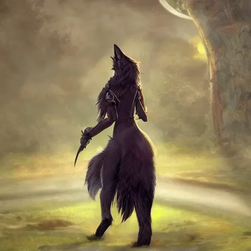 Prompt: fantasy art of a noble werefox walking upright and looking over her shoulder, photorealistic