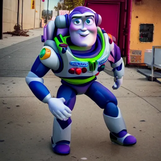 Image similar to UHD candid photo of Buzz Lightyear on skid row, UHD, photorealistic, correct face, photo by Annie Leibowitz