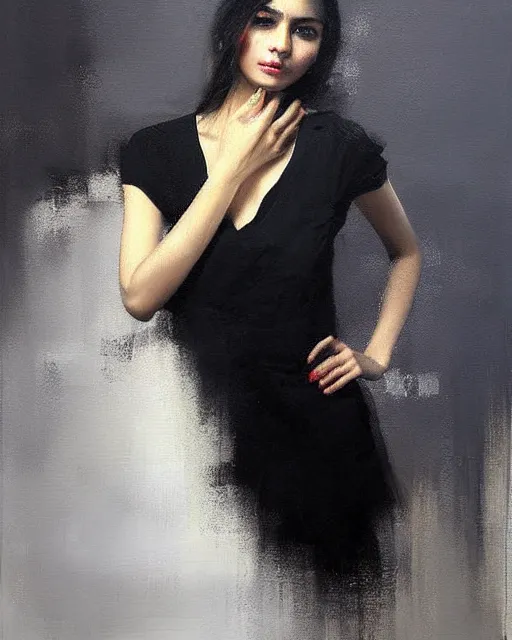 Image similar to beautiful portrait painting an gorgeous delhi girl wearing a little black dress, oil painting, art by ruan jia