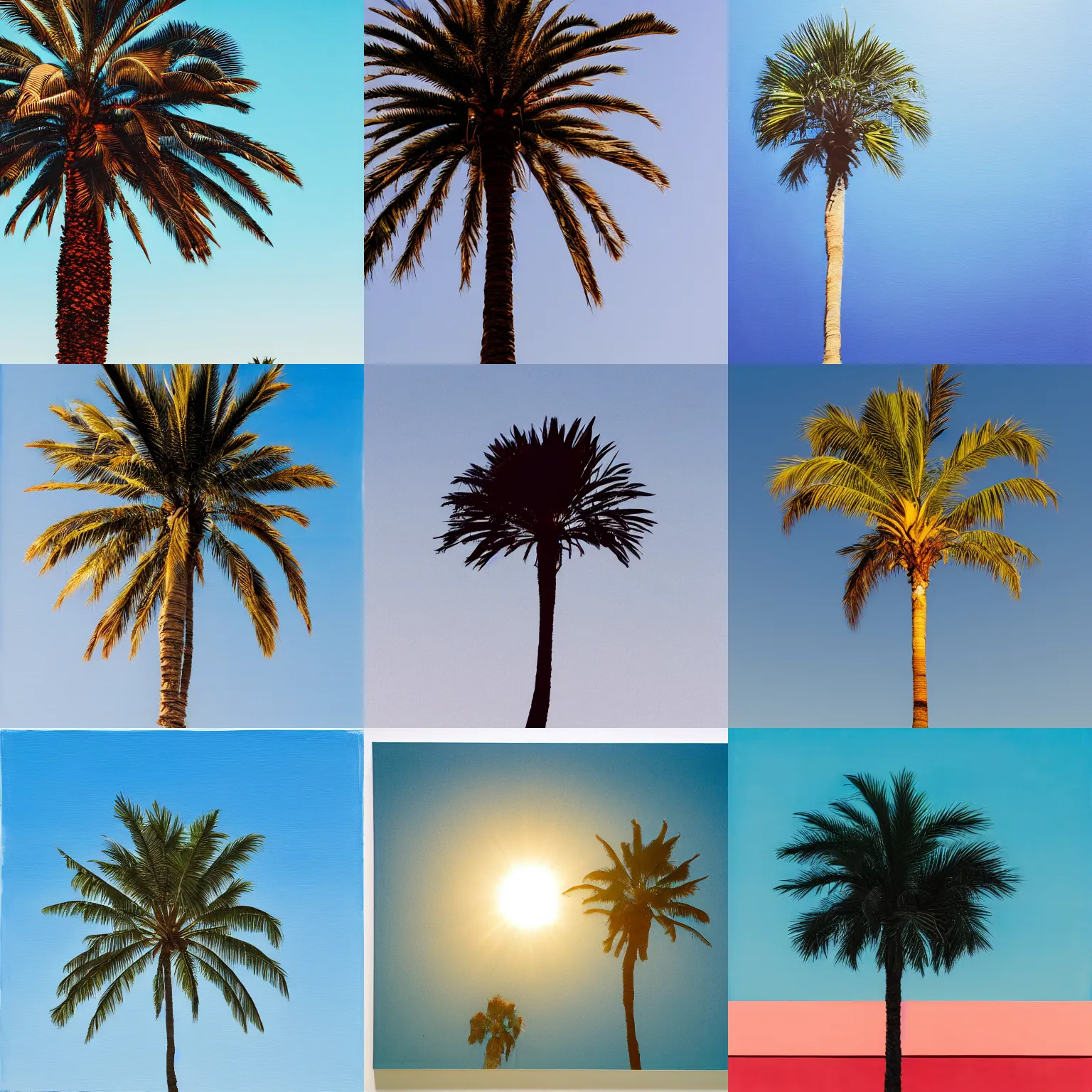 Prompt: a palm tree with bright blue sky in the background, a minimalist painting by Edward Ruscha, unsplash, precisionism, minimalist, photo taken with provia, minimalistic