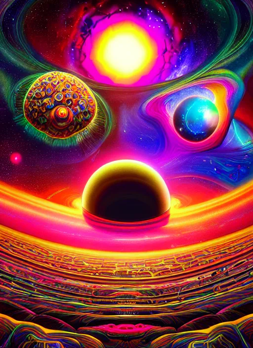 Prompt: psychedelic travelers, huge brains, planets and mushrooms, psychedelic blackhole swirled imagery by artgerm, pablo amaringo, louis dyer visionary art. space art. lucien rudaux, cosmos, vivid colors, sharp edges. ultra clear detailed. 8 k. elegant, intricate, octane render