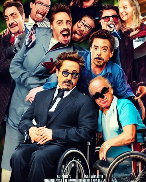 Prompt: comedy movie poster for robert downey jr. starring in weekend at bernie's. movie poster. comedic. cinematic lighting. robert downey jr. with dark sunglasses slumped asleep in a wheelchair. movie poster for weekend at bernie's 3