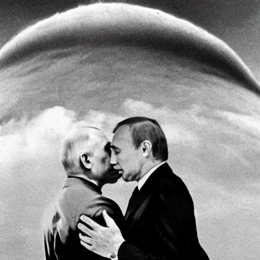 Image similar to vladimir putin kissing zelinsky with a nuclear explosion in the background