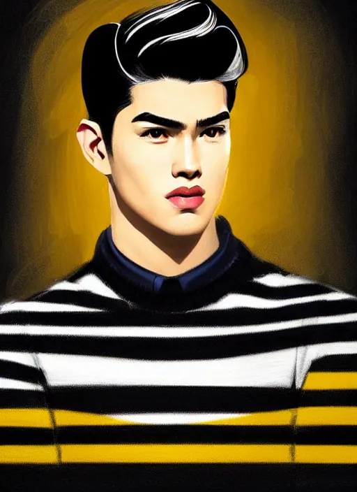 Image similar to portrait of young reggie mantle, mean smirk, egotistical, slicked back hair, striped yellow and black sweater, 1 9 5 0 s, intricate, elegant, glowing lights, highly detailed, digital painting, artstation, concept art, smooth, sharp focus, illustration, art by wlop, mars ravelo and greg rutkowski