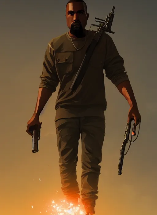 Image similar to highly detailed portrait kanye holding ak 4 7 in gta v stephen bliss unreal engine fantasy art by greg rutkowski loish rhads ferdinand knab makoto shinkai lois van baarle ilya kuvshinov rossdraws tom bagshaw global illumination radiant light detailed intricate environment