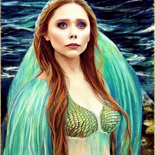 Prompt: elizabeth olsen as a mermaid, classic painting