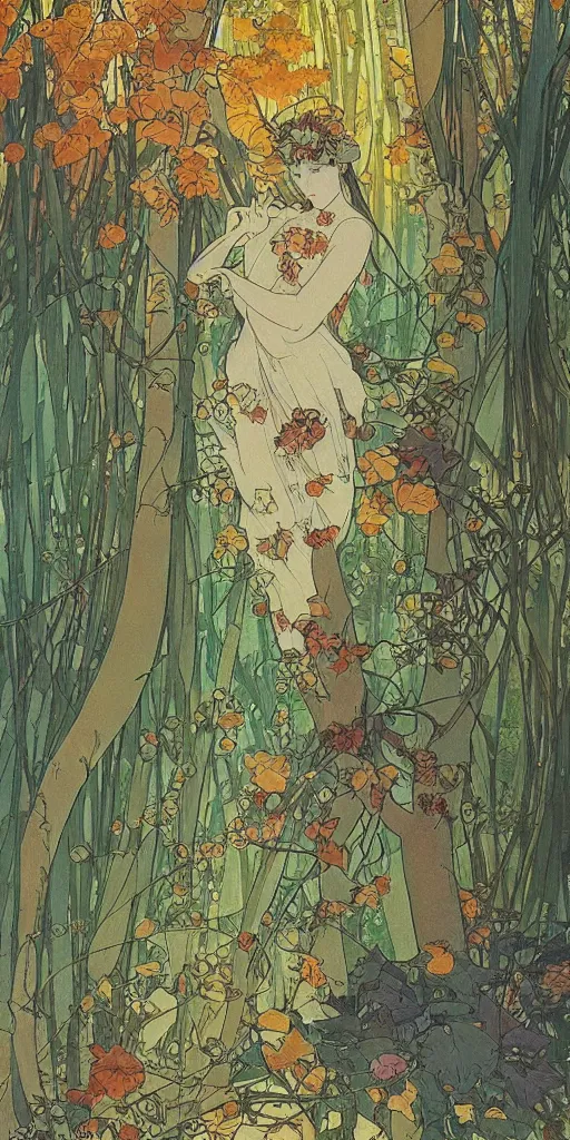 Image similar to a beautiful illustration of a forest in autumn, style of yoshitaka amano and alfons mucha