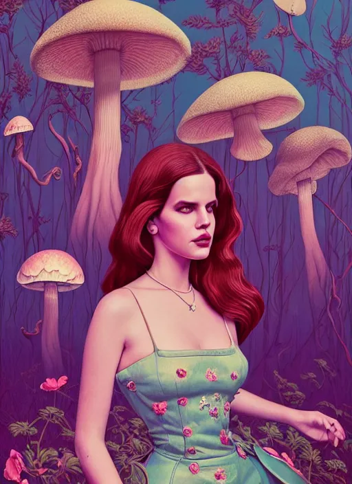 Image similar to pretty lana del rey with hallucination mushroom : : by martine johanna and simon stalenhag and chie yoshii and casey weldon and wlop : : ornate, dynamic, particulate, rich colors, intricate, elegant, highly detailed, vogue, harper's bazaar art, fashion magazine, smooth, sharp focus, 8 k, octane render,