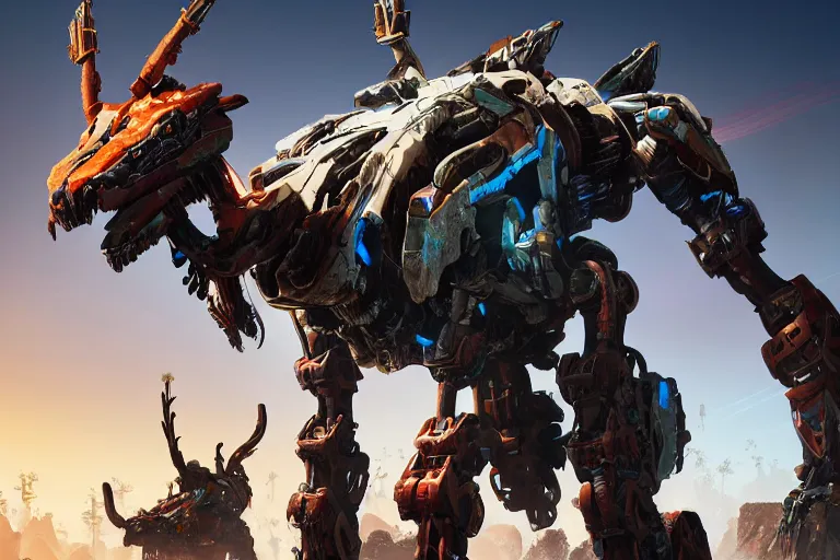 Prompt: thunderjaw machine mecha animal beast robot of horizon forbidden west horizon zero dawn bioluminiscence global illumination ray tracing hdr fanart arstation by sung choi and eric pfeiffer and gabriel garza and casper konefal