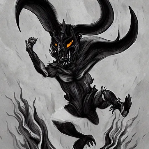 Image similar to full body grayscale drawing by Anato Finnstark of horned demon in dynamic pose, swirling flames