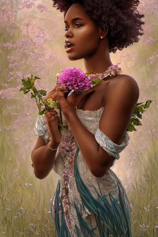 Prompt: ultra realistic illustration, beautiful swahili girl with flowers blossoming from her afro, in low v neck dress, snowy, elegant, highly detailed, digital painting, concept art, smooth, sharp focus, illustration, art by artgerm and greg rutkowski and alphonse mucha