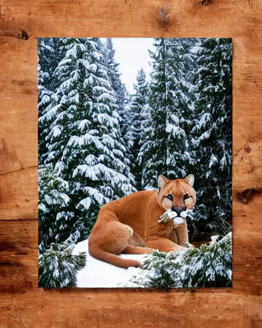 Prompt: ripped up postcard showing 'a cougar sleeping in the middle of snowy pine tree' laying on coffee table, zoomed out shot, HD, iphone capture, rips, tears