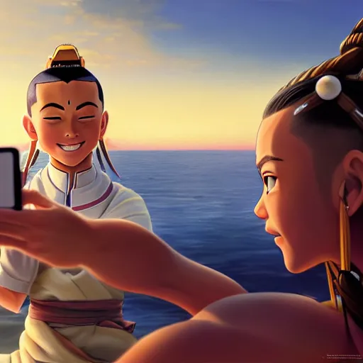 Image similar to beautiful serene intricate photograph of sokka and suki taking a selfie, smiling softly, relaxing on the beach, golden hour, soft focus, 8 k, art by irakli nadar, hyperrealism, hyperdetailed, ultra realistic