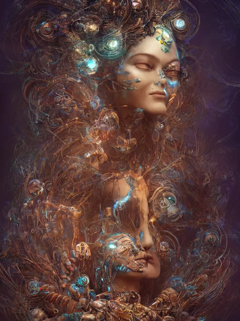 Image similar to an ancient mystical alluring female shaman generating flowing energy and surrounded by wisps of incense smoke sits meditating in a magical cybernetic robot temple, face face face, by android jones and vitaly bulgarov and karol bak, 3 d, cinema 4 d render, trending on artstation