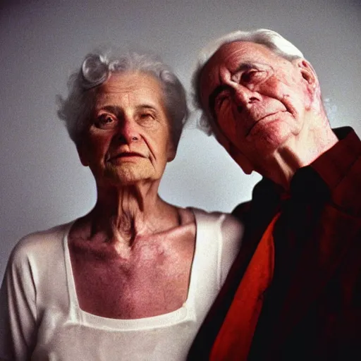 Prompt: a medium shot, colored studio photographic portrait of a old couple, dramatic, from below light, kodachrome camera, kodachrome, 1 9 9 9 photo from life magazine, editorial fashion photography