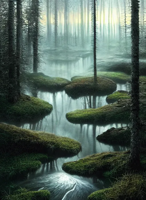 Image similar to a hyper-detailed 3d render like a Oil painting of beautiful-illusions of the Taiga ecosystem, surrealism!!!!! surreal concept art, lifelike, photorealistic, digital painting, aesthetic, smooth, sharp focus, Artstation HD, by Greg Rutkowski, Chris Tulloch McCabe, Valentina Remenar and Asher Duran,