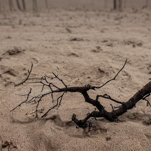 Prompt: a dry and dead branch in a forest of sand and coal, dust, wind, advertising photography