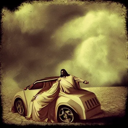 Image similar to “ Jesus driving a cloud car in the style of michelangelo”