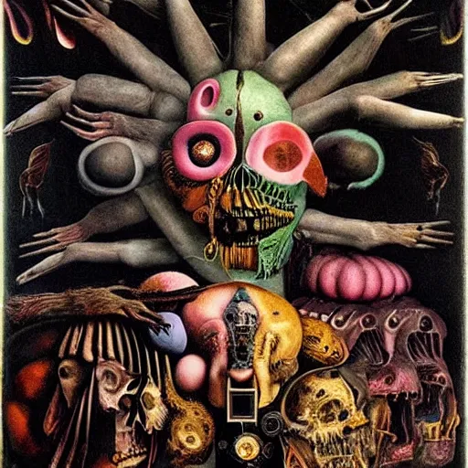 Prompt: post - punk new age album cover, magic, apocalypse, psychedelic, black white pink, magic, giger h. r., giuseppe arcimboldo