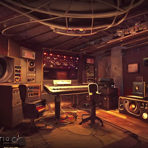 Prompt: steam punk music studio full of mixers, speakers and old electronic music machines and cables, artstation, unreal engine, voluminous lighting